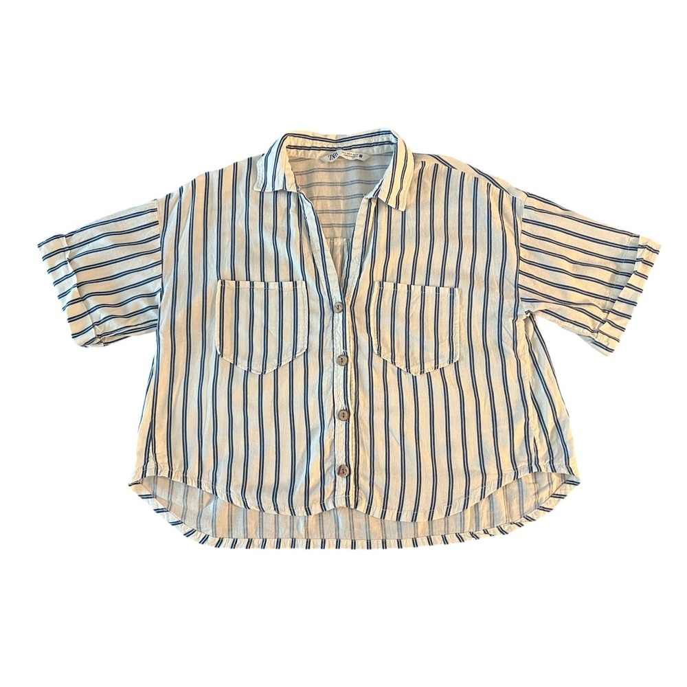 Zara Womens Blue White Striped Short Sleeve Button Up Boxy Shirt Small (1078)